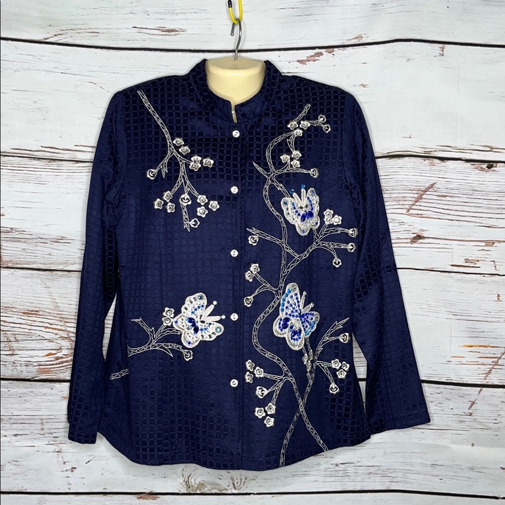 Indigo Moon NWT Sz L Navy Blue - Butterly Embroidered Embellished Jacket Blazer